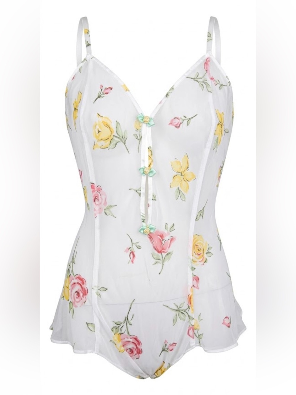 Vintage 90s Delicates Floral Sheer Teddy Bodysuit Medium Cottagecore Coquette